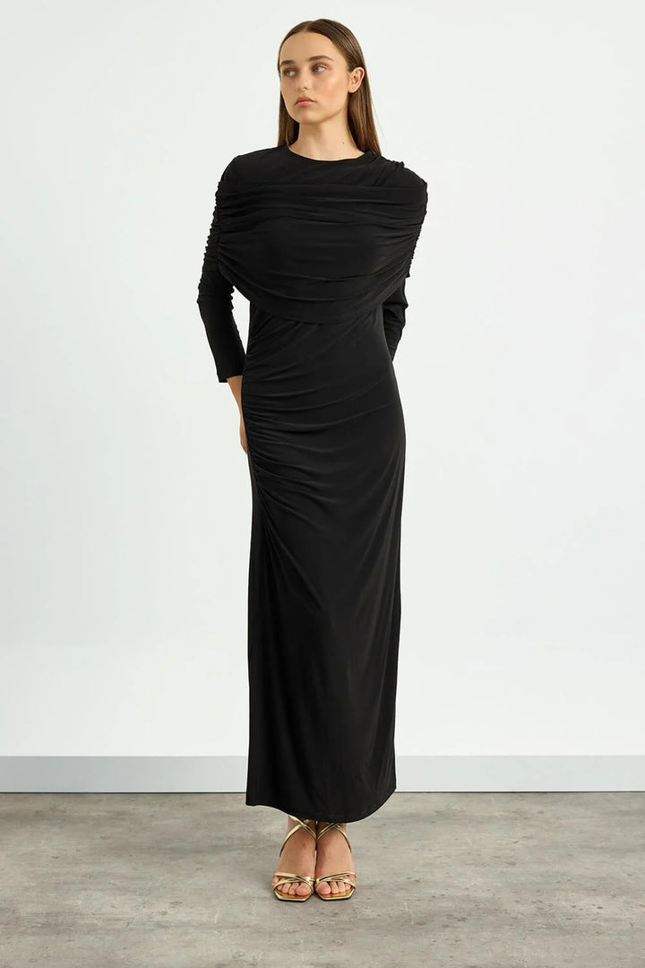 Draped Shoulder Evening Dress - Black