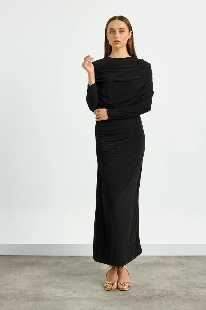 Draped Shoulder Evening Dress - Black