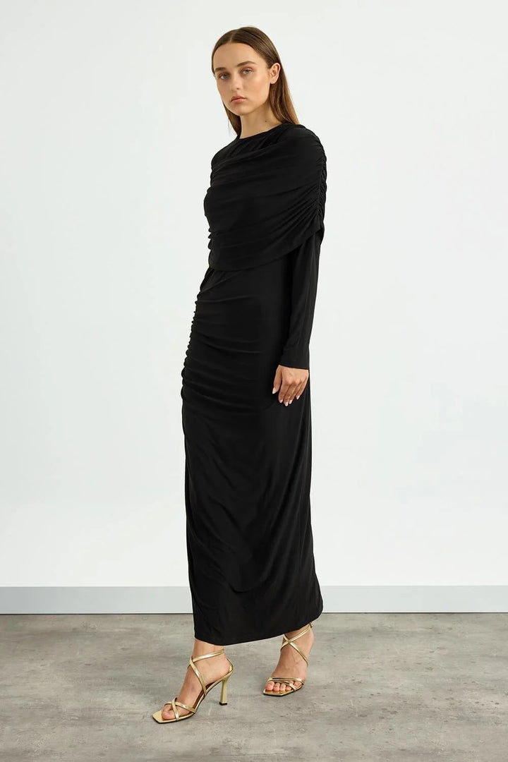 Draped Shoulder Evening Dress - Black